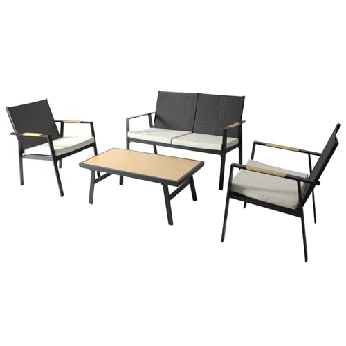 RANSENERS Premium Gartenmöbelset mit Sitzpolster - inkl. 2 Stühle Gartenbank Tisch - Aluminium Rahmen und Polyrattan Sitzfläche für Innen und Außen von R RANSENERS