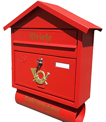 Großer Briefkasten/Postkasten XXL Rot Matt mit Zeitungsrolle Zeitungsfach Spitzdach Zeitungsrohr Wandmontage von R&D