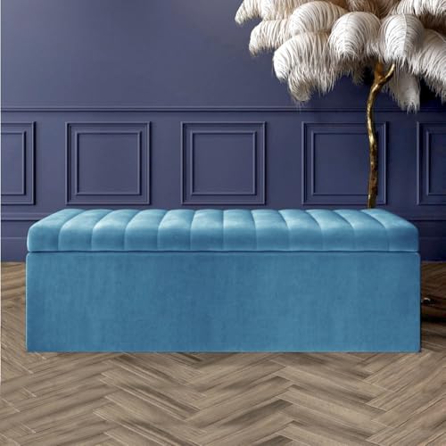 90 cm breite Ottomanen-Aufbewahrungsbox – große gestreifte Aufbewahrungsbox – Plüschsamt gepolsterte Decken-Box – Ende der Bettbank – Schuhbank – Eingangs-Bank – Eingangs-Bank (Entenei-Samt) von R&M Furnishers
