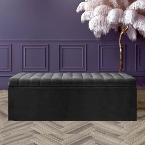 R&M Furnishers 90 cm breite Ottomanen-Aufbewahrungsbox – große Safar-Streifen-Ottomane – Plüschsamt gepolsterte Decken-Box – Bettbank am Ende der Bettbank – Schuhbank – Eingangs-Bank (schwarzer Samt) von R&M Furnishers