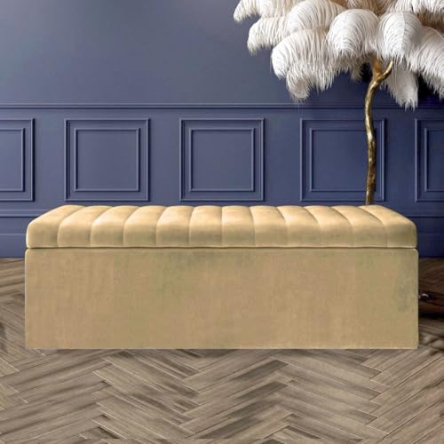 R&M Furnishers 90 cm breite Ottomanen-Aufbewahrungsbox – große gestreifte Aufbewahrungsbox – Plüschsamt gepolsterte Decken-Box – Ende der Bettbank – Schuhbank – Eingangs-Bank – Eingangs-Bank (Nerzsamt von R&M Furnishers