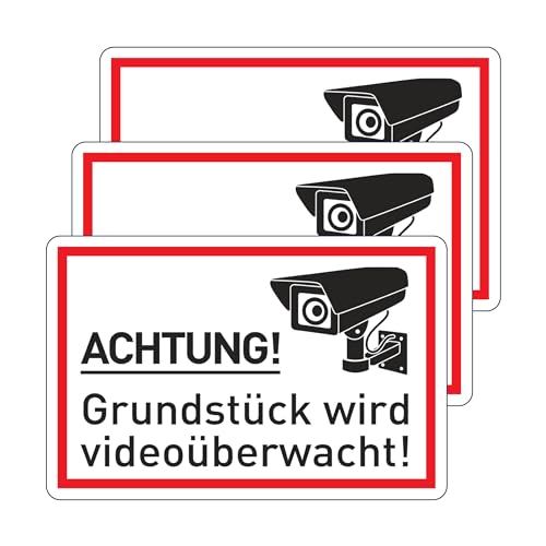 3 Stück selbstklebende Premium XL Folie 20x30 cm – Achtung Grundstück wird videoüberwacht –Aufkleber mit Schutzlaminat – Einbruchschutz – Wasser Wetterfest Witterungs & UV-Schutz Beständig Vorgestanzt von R&M ORIENT