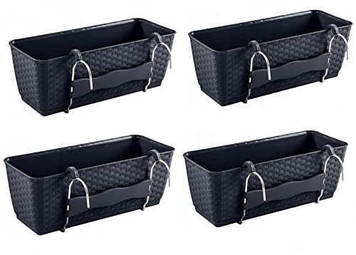 R.G. 4X Blumenkasten Set Balkonkasten Blumentopf Rattan Optik Aufhängung 50cm Pflanzkasten Geländer Kasten Anthrazit von R.G.
