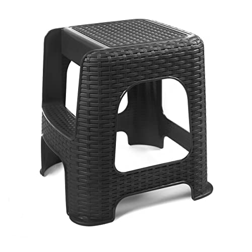 Tritthocker Hocker mit Trittleiter Sitzhocker Tisch Stuhl Höhe 48cm Rattan Optik Stufenhocker bis 160kg von R.G.