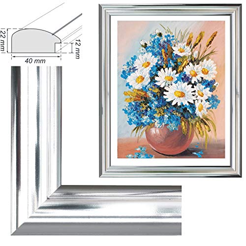 Bilderrahmen, für Bilder der Größe 40x50cm, Farbe Chrom, ideal für Malen nach Zahlen Bilder z.B. von Schipper oder Ravensburger (mit Antireflex-Acrylglas) von RAABEC