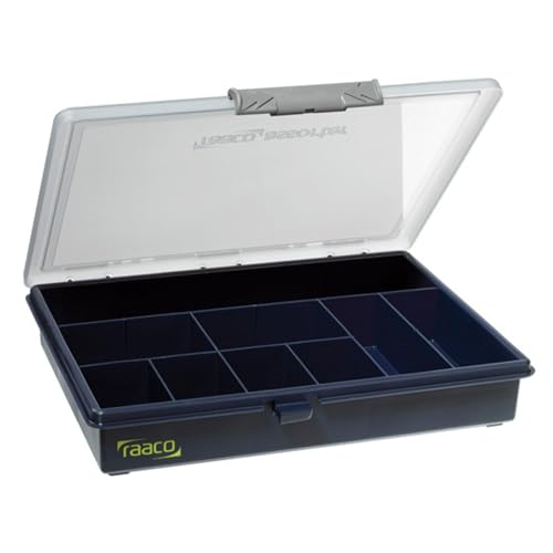 raaco Assorter 5-9: Sortierbox für Werkstatt, 9 feste Fächer für Kleinteile, Sichere Aufbewahrung durch Schiebeschloss, Tragbar, 19.5 x 24 x 4.3 cm, Leicht & Robust. von Raaco