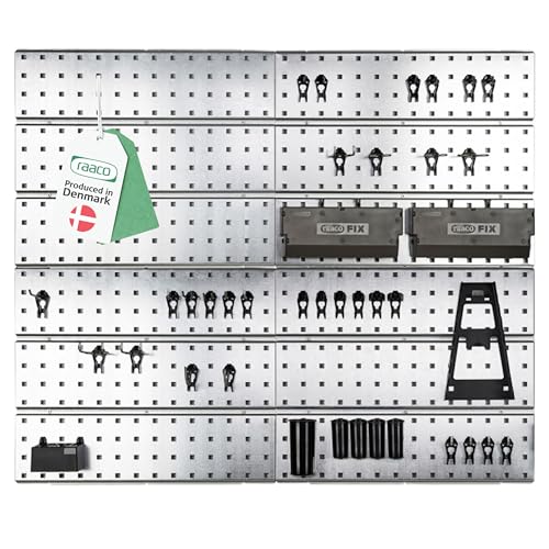 raaco Start Set 38 Verzinkte Werkzeugwand - Lochwand Werkstatt mit 38 SuperClips, 104 x 88 cm, 300 kg Gesamttragfähigkeit, Werkzeughalter Wand, Werkstatt Ordnungssystem, Werkstatteinrichtung Set von Raaco