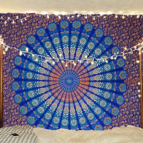 Raajsee Indisch Psychedelic Wandteppich Mandala Blau Turquoise/Elefant Boho Wandtuch Hippie/Indien Wandbehang Queen baumwolle Tuch 82 x 92 Inches von raajsee