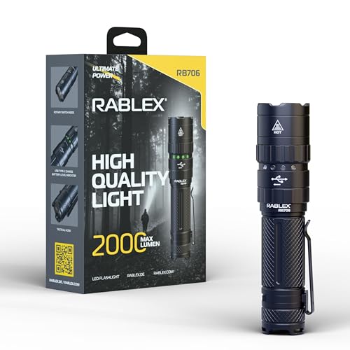 Rablex Aufladbar LED Taschenlampe, 2000 Lumen Superhelle Zoombare Taschenlampe mit 5 Lichtmodi & Langer Akkulaufzeit Wasserdichte Handlampe für Camping, Wandern, Outdoor, Notfälle [Energieklasse A+++] von RABLEX