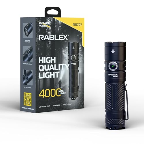Rablex Aufladbar LED Taschenlampe, 4000 Lumen Superhelle Zoombare Taschenlampe mit 6 Lichtmodi & Langer Akkulaufzeit, Wasserdichte Handlampe für Camping, Wandern, Outdoor, Notfälle [Energieklasse A++] von RABLEX