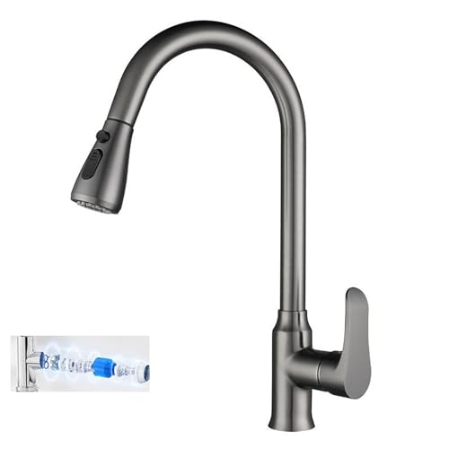 RADAAB Hohe Bogen Wasserhahn Küche,Küchenarmatur mit Brause Ausziehbar,Spültischarmatur mit Flexibel Duschkopf, Einhebel Mischbatterie mit 3 Modus,Armatur Küche 360° Schwenkbar,Messing (Color : Gray) von RADAAB