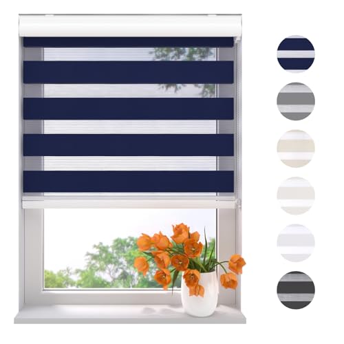 Radeco® Doppelrollo mit Kassette 60 x 175 cm (BxH) blau, Blickdicht oder Transparent, ohne Bohren möglich, doppelrollo wandmontage, Duo Rollo, doppelrollo 60 cm breit von RADECO