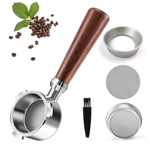Bodenloser Siebträger 51mm 3 Ears mit Espresso Puck Screen,Siebträger 51mm kompatibel Dedica EC680/EC685,Edelstahl kaffee Puck Sieb,Holzgriff,Barista Zubehör von RAFIYU