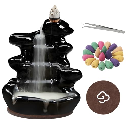 RAFIYU Rückfluss Räuchergefäß, Rauch Wasserfall Backflow, Keramik Räucherstäbchen Halter mit 60 Räucherkegel, Zange und Tischmatte, für Meditation, Home, Zen,Yoga Room und Wohnzimmer Decor von RAFIYU