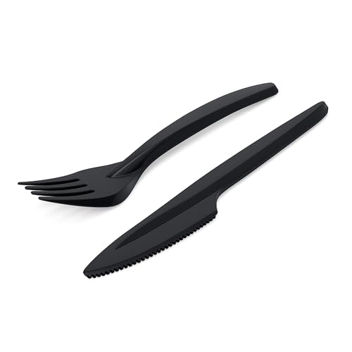 RAGO® 100-teiliges Mehrweg Besteckset I Wiederverwendbares Plastikbesteck aus Kunststoff – 50 Messer, 50 Gabeln I Schwarz, Spülmaschinenfest nach EN 12875-1, Stabil & BPA-frei von RAGO