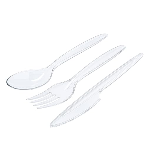 RAGO® 150-teiliges Mehrweg Besteckset I Wiederverwendbares Plastikbesteck aus Kunststoff – 50 Messer, 50 Gabeln 50 Löffel I Transparent, Spülmaschinenfest nach EN 12875-1, Stabil & BPA-frei von RAGO