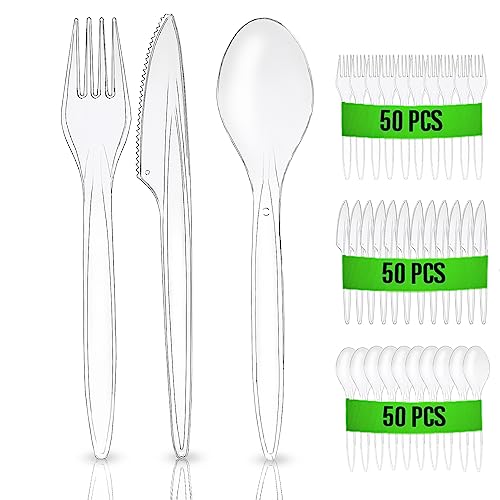 RAGO® Wiederverwendbaren Plastikbesteck Set 150 Stück PREMIUM Campingbesteck I Robust Reisebesteck Outdoor Besteck I Plastikbesteck Mehrweg-Transparent - 50 Gabeln/50 Messer/50 Löffel von RAGO