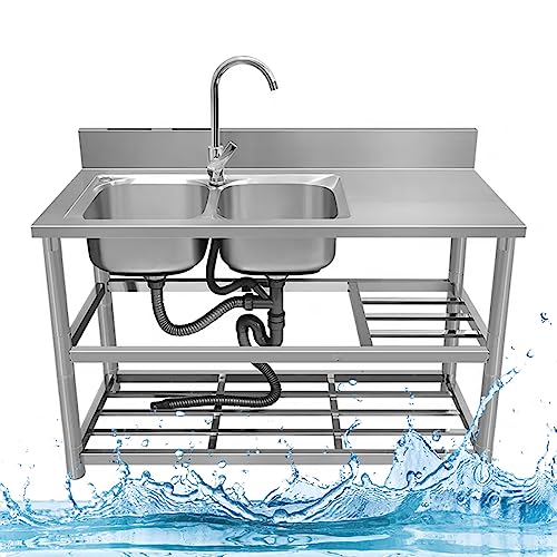 Küchenspüle, Edelstahl-Spülbecken mit Werkbank, doppelten Ablageflächen, Abtropffläche, Wasserhahn, 120 x 50 x 80 cm, silberfarben(Cold Alone Left) von RAGOPILEN