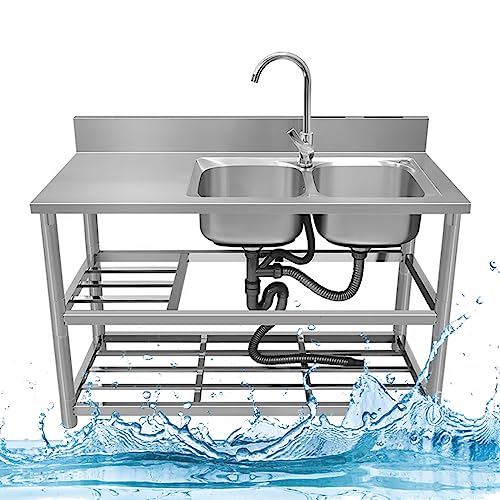 Küchenspüle, Edelstahl-Spülbecken mit Werkbank, doppelten Ablageflächen, Abtropffläche, Wasserhahn, 120 x 50 x 80 cm, silberfarben(Hot and Cold Right) von RAGOPILEN