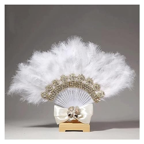 RAGOPILEN Faltbarer Handfächer, Handfächer for Hochzeiten, Brautfächer mit Federn, Spitze, Strass, Rosen, Weiß(B) von RAGOPILEN