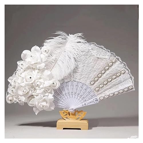 RAGOPILEN Faltbarer Handfächer, Handfächer for Hochzeiten, Brautfächer mit Federn, Spitze, Strass, Rosen, Weiß(C) von RAGOPILEN