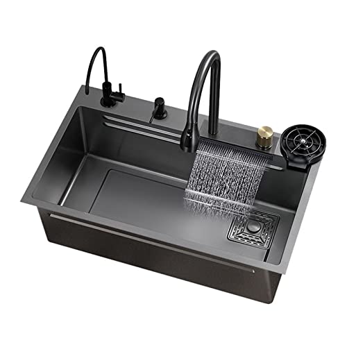 RAGOPILEN Küchenspüle, 304 Edelstahl Wasserfall Einzelbecken Workstation Küchenspüle Schwarz Mehrere Größen(Package D,68 * 45 * 23cm) von RAGOPILEN