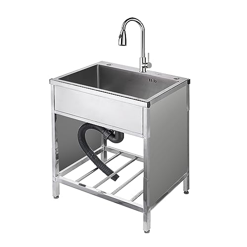 RAGOPILEN Küchenspüle, Freistehende Spüle aus Edelstahl, Einzelbecken, Warm- und Kaltwasserhahn, Abtropffläche, mehrere Größen(Pull Faucet,60x45x75cm) von RAGOPILEN