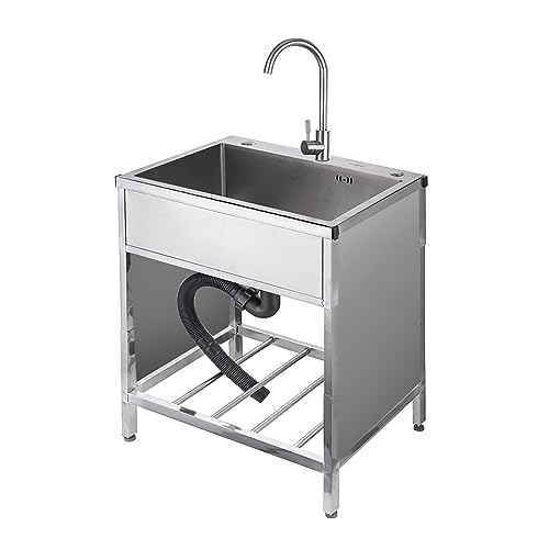 RAGOPILEN Küchenspüle, Freistehende Spüle aus Edelstahl, Einzelbecken, Warm- und Kaltwasserhahn, Abtropffläche, mehrere Größen(Round Faucet,65x45x75cm) von RAGOPILEN