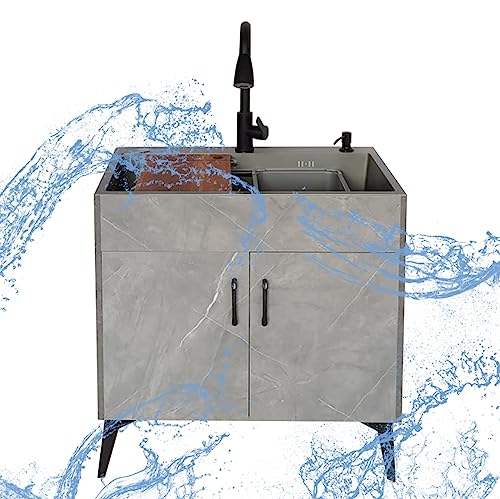 RAGOPILEN Küchenspüle, Mehrzweckspüle, freistehend, gewerbliche Küchenspüle mit Warm- und Kaltwasserhahn, Abtropffläche, Lagerregale, grau, mehrere Größen(Grey,29.5X17.7X30.7IN) von RAGOPILEN