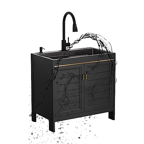 RAGOPILEN Küchenspüle, Schwarzer freistehender Spülbeckenschrank mit Wasserhahn und Abtropffläche, mehrere Größen(29.5X17.7X31.4IN(75x45x80cm)) von RAGOPILEN