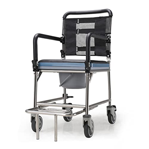 RAGOPILEN Toilettenstuhl, Duschstuhl Rollstuhl Transfer Wasserdicht Mit Rädern Mit Sitzkissen Und Bettpfanne Edelstahl 47x84x97cm von RAGOPILEN
