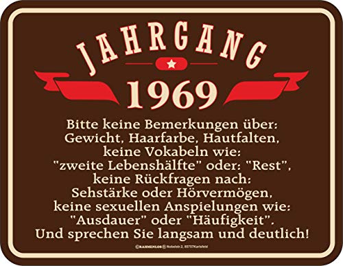 RAHMENLOS Jahrgang 1969 Blechschild braun, Metall, mit Befestigungslöchern, gewölbt und geprägt. von RAHMENLOS