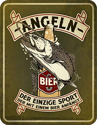 RAHMENLOS Deko Blechschild: Angeln - Die einzige Sportart die mit Einem Bier beginnt von RAHMENLOS