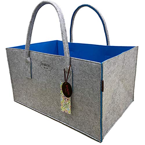 RAIKOU NEU Filztasche Shopper Holzkorb Einkaufstasche Henkeltasche Zeitungskorb Stabile Kaminholztasche Zeitungsständer auch für Spielzeug Garten Picknick Strand (Grau/Blau,50 * 34 * 27cm) von RAIKOU