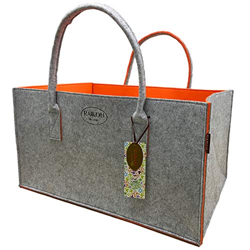 RAIKOU NEU Filztasche Shopper Holzkorb Einkaufstasche Henkeltasche Zeitungskorb Stabile Kaminholztasche Zeitungsständer auch für Spielzeug Garten Picknick Strand (Grau/Orange,50 * 25 * 25cm) von RAIKOU