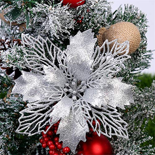 RAILONCH 12 Stück Glitter Poinsettia Weihnachtsbaum Ornament Weihnachten Blumen Dekor 16cm in Durchmess (Silber) von RAILONCH