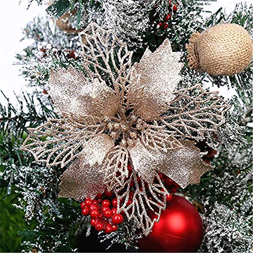 RAILONCH 12 Stück Glitter Weihnachtsbaum Dekoration Weihnachtsbaumschmuck Ornament Weihnachten Blumen Weihnachtsdeko Weihnachtsbaumanhänger Christbaumanhänger (Champagner,9cm) von RAILONCH