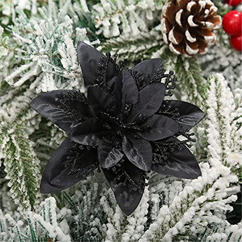 RAILONCH 12 Stück Glitter Weihnachtsblumen Künstliche Weihnachten Blumen Dekor Weihnachtsbaum Ornamente für Hochzeit Weihnachtsdekoration (Schwarz) von RAILONCH