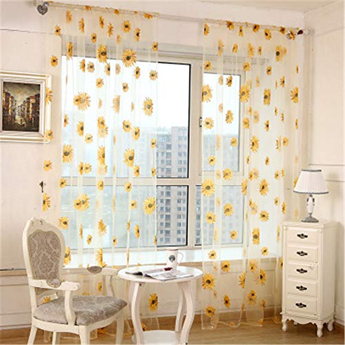 RAILONCH 1er Mode Transparente Gardinen Sonnenblume Voile Vorhänge Print Tulle Voile Vorhang Wohnzimmer Schlafzimmer deko (gelb,2 * 2,7 Meter) von RAILONCH