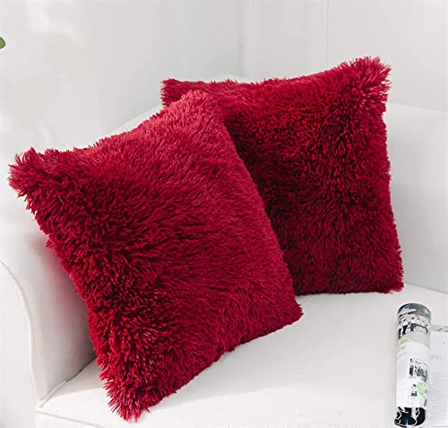 RAILONCH 2Pcs Kissenbezüge Künstlich Langhaar Zierkissen Kissenbezug Kunstfell Flauschig Deko Kisse Sofakissen Zierkissenbezüge für Sofa Büro (Rot) von RAILONCH