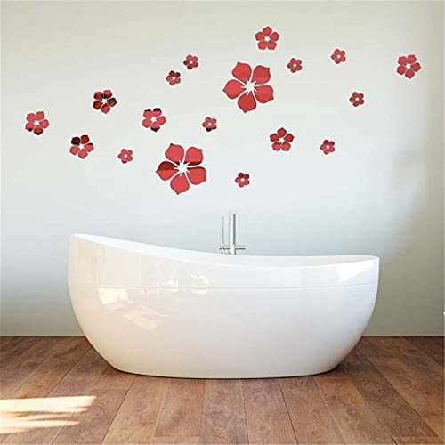 3D Kirschblüten Wandaufkleber Spiegel, 18 Blumen Spiegelfliesen Acryl Spiegel Aufkleber, Selbstklebend Wandspiegel Wanddeko für Wohnzimmer TV Hintergrund (Rot) von RAILONCH