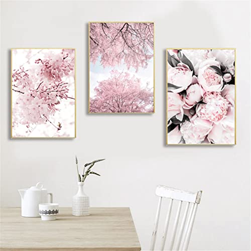 RAILONCH 3er Moderne Poster Set Kirschblüten Pfingstrose Blumen Bilder Wanddeko für Wohnzimmer & Schlafzimmer, Blumen Wandbilder ohne Rahmen (21 x 30 cm) von RAILONCH