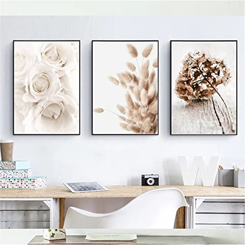 RAILONCH 3er Moderne Poster Set Stilvolle Pfingstrose Blumen Wandbilder Boho Beige Natur Pampasgras Bilder Ohne Rahmen Kunstposter Home Deko (30 x 40 cm) von RAILONCH