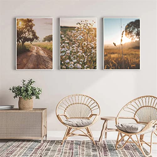 RAILONCH 3er Moderne Poster Set Stilvolle Sonnenblume Blumen Wandbilder Boho Beige Natur Landschaft Bilder Ohne Rahmen Kunstposter Home Deko (21 x 30 cm) von RAILONCH