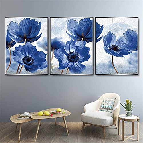 RAILONCH 3er Set Premium Poster Modern Bilder Deko Wanddeko, Blau Blumen Poster Wohnzimmer Wanddeko Home Deko für Wände - Ohne Rahmen (A,30 x 40 cm) von RAILONCH