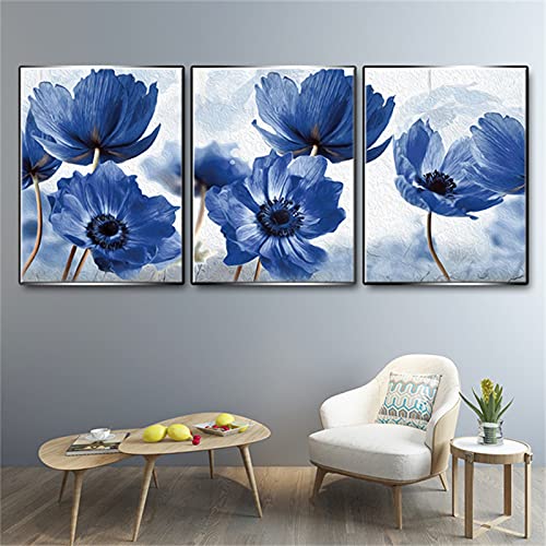 RAILONCH 3er Set Premium Poster Modern Bilder Deko Wanddeko, Blau Blumen Poster Wohnzimmer Wanddeko Home Deko für Wände - Ohne Rahmen (A,50 x 70 cm) von RAILONCH
