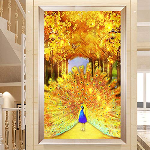 RAILONCH Diamant Painting Bilder, DIY 5D Diamond Painting Zubehör Goldener Pfau Diamant Malerei Kit Voll Runde Bohrer Stickerei Kreuzstich Diamond Dekoration (60x100cm) von RAILONCH