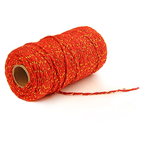 RAILONCH Farbe Baumwollgarn, Zweifarbig Makramee Garn 2 mm x 200 m, Naturgarn Baumwollschnur Baumwollkordel für DIY Dekoratives Geschenk Handwerk Strickwerkzeuge (Gold + Rot) von RAILONCH