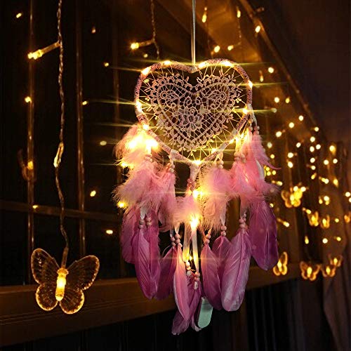 RAILONCH Herz Traumfänger Boho-Stil Handgefertigt LED Licht Wandbehang Romantische Dekoration (Dunkelrosa,Mit Lichtern) von RAILONCH