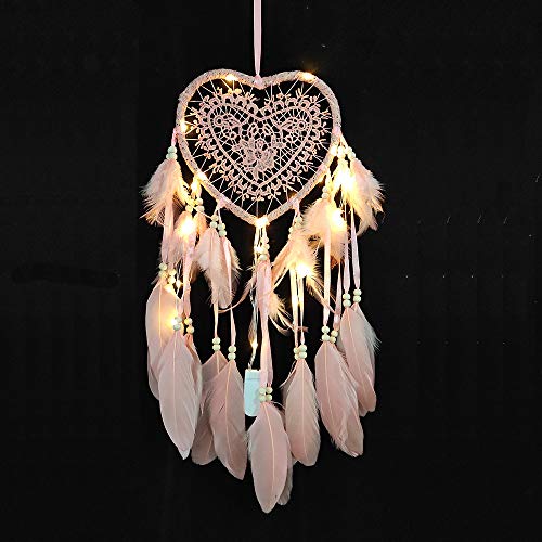 RAILONCH Herz Traumfänger Boho-Stil Handgefertigt LED Licht Wandbehang Romantische Dekoration (Pink,Mit Lichtern) von RAILONCH